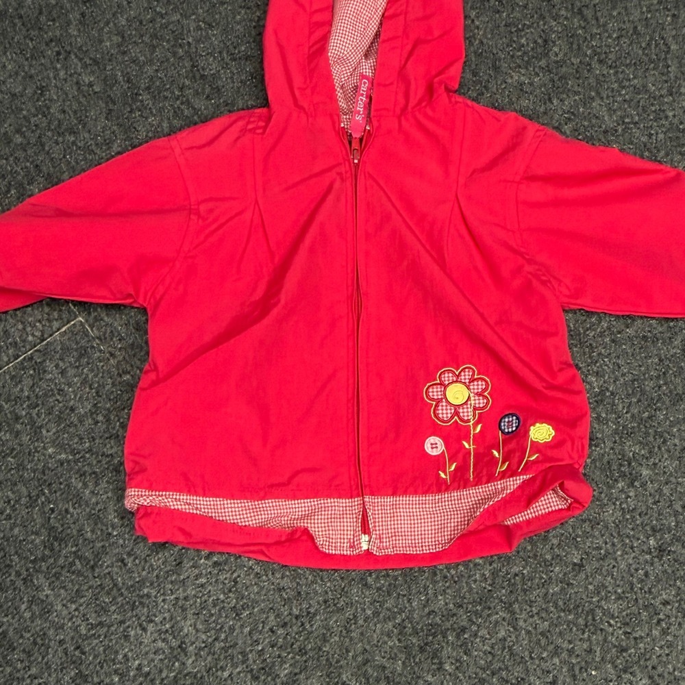Carters Red Hooded Windbreaker Jacket Gingham Trim Floral Embroidery Kids